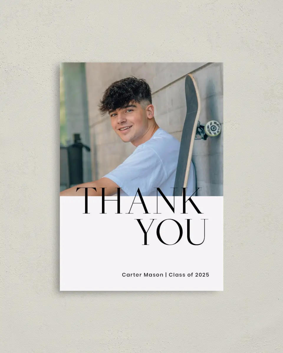 This is a 4" x 5.6" Graduation Thank You Postcard called Classy Cool Grad printed in full color on Soft Touch Finish paper