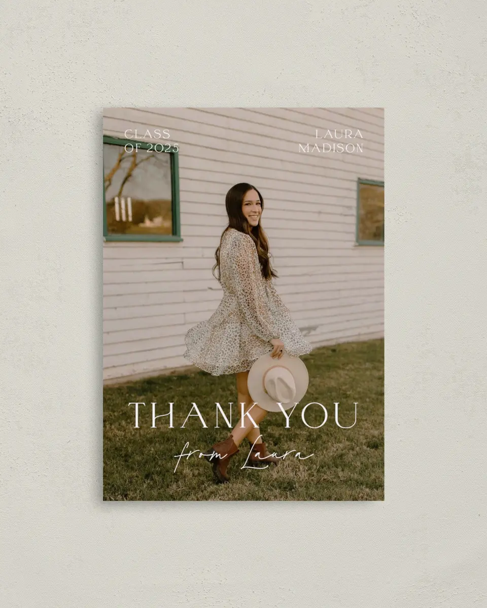This is a 4" x 5.6" Graduation Thank You Postcard called New Beginnings printed in full color on Soft Touch Finish paper