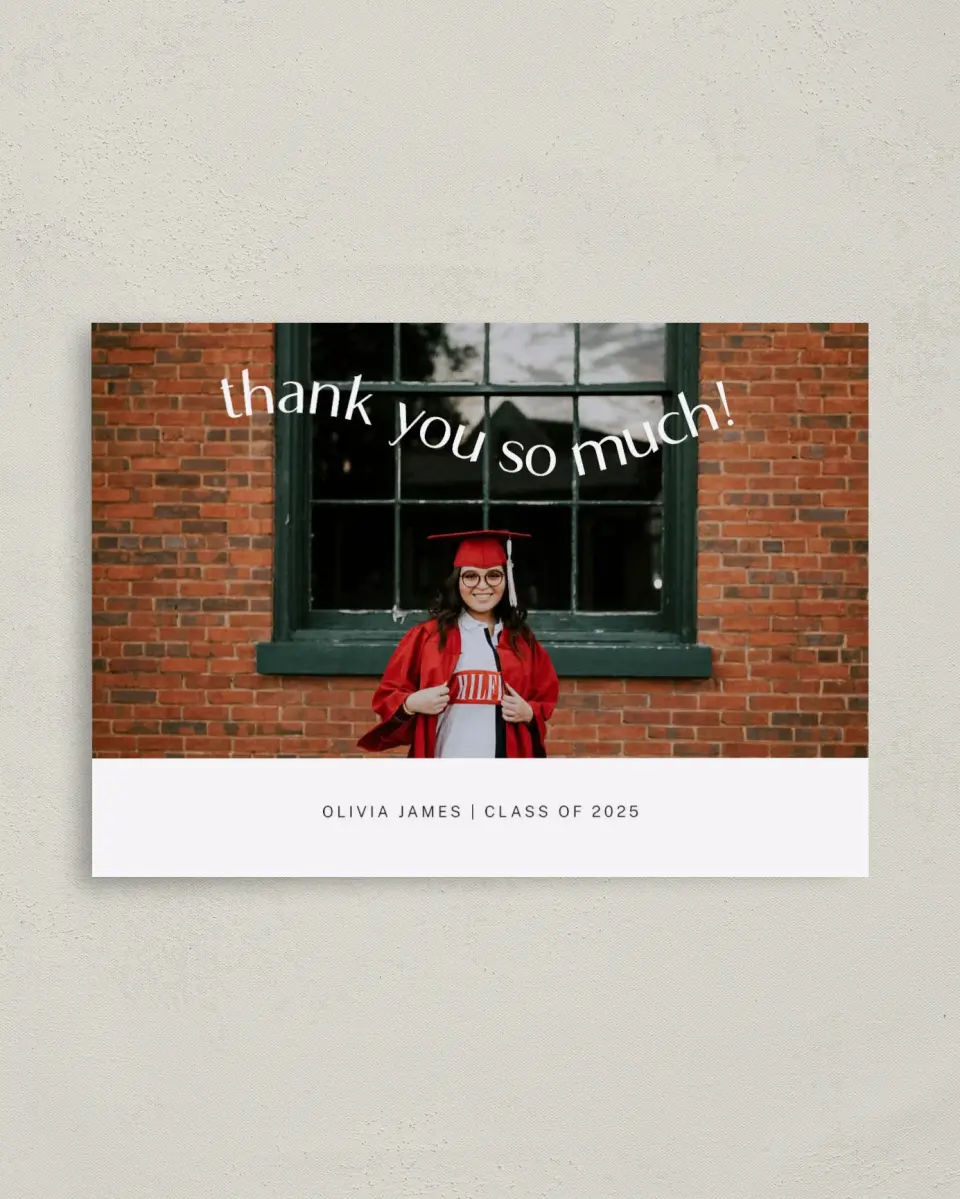 This is a 4" x 5.6" Graduation Thank You Postcard called Wavy Celebration printed in full color on Soft Touch Finish paper