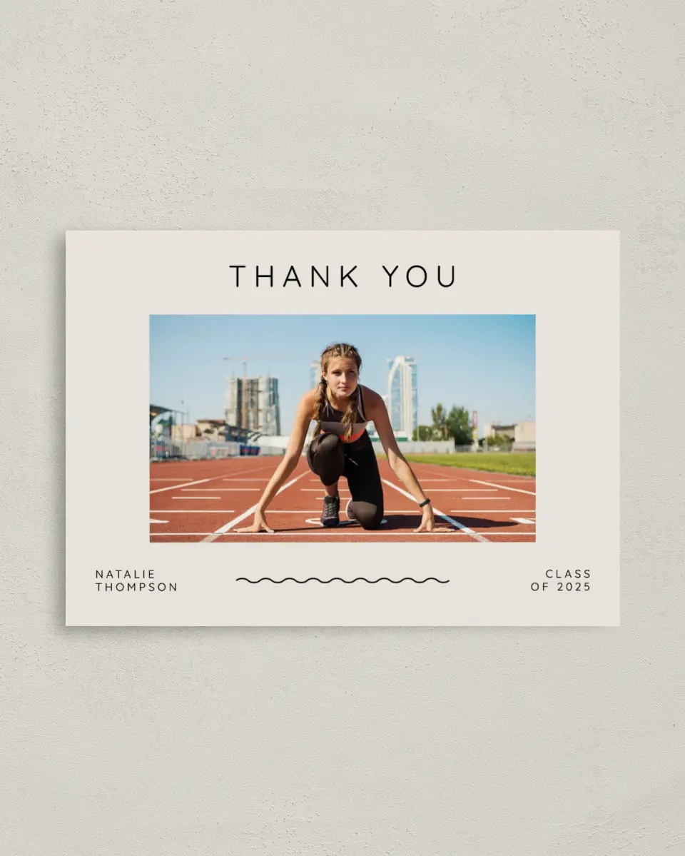 This is a 4" x 5.6" Graduation Thank You Postcard called Celebration Chic printed in full color on Soft Touch Finish paper