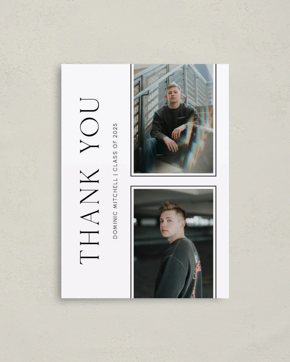 This is a 4" x 5.6" Graduation Thank You Postcard called Sophisticated Senior printed in full color on Soft Touch Finish paper