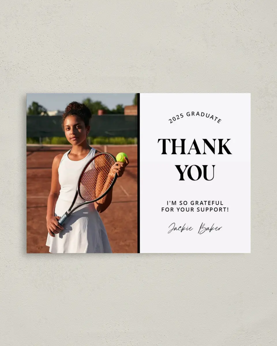 This is a 4" x 5.6" Graduation Thank You Postcard called Class Confidence printed in full color on Soft Touch Finish paper