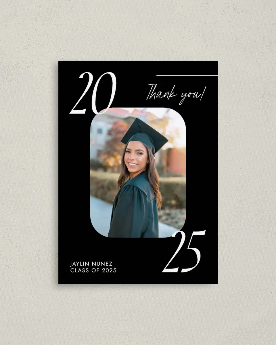 This is a 4" x 5.6" Graduation Thank You Postcard called Simple Grid Grad printed in full color on Soft Touch Finish paper
