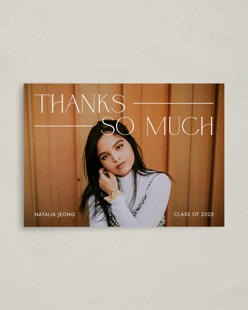 This is a 4" x 5.6" Graduation Thank You Postcard called All Eyes On Me printed in full color on Soft Touch Finish paper