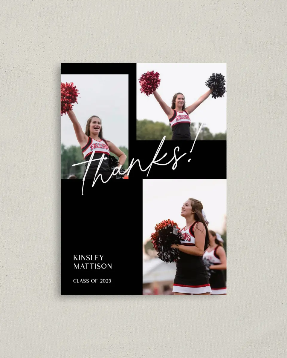 This is a 4" x 5.6" Graduation Thank You Postcard called A New Chapter printed in full color on Soft Touch Finish paper