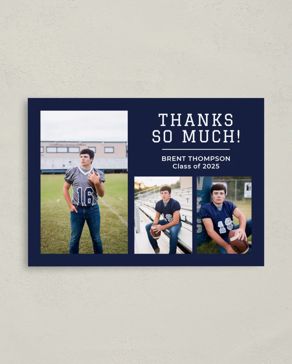 This is a 4" x 5.6" Graduation Thank You Postcard called Classic Celebration printed in full color on Soft Touch Finish paper