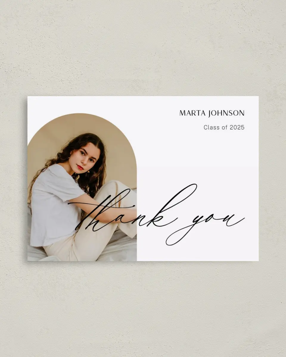 This is a 4" x 5.6" Graduation Thank You Postcard called Dainty Dreaming printed in full color on Soft Touch Finish paper