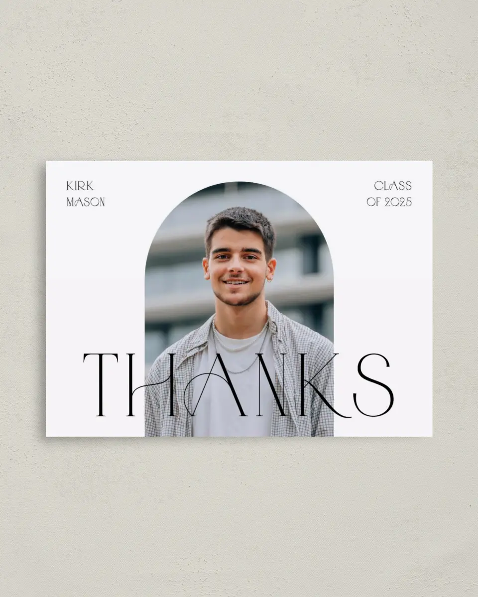 This is a 4" x 5.6" Graduation Thank You Postcard called Milestones and Memories printed in full color on Soft Touch Finish paper