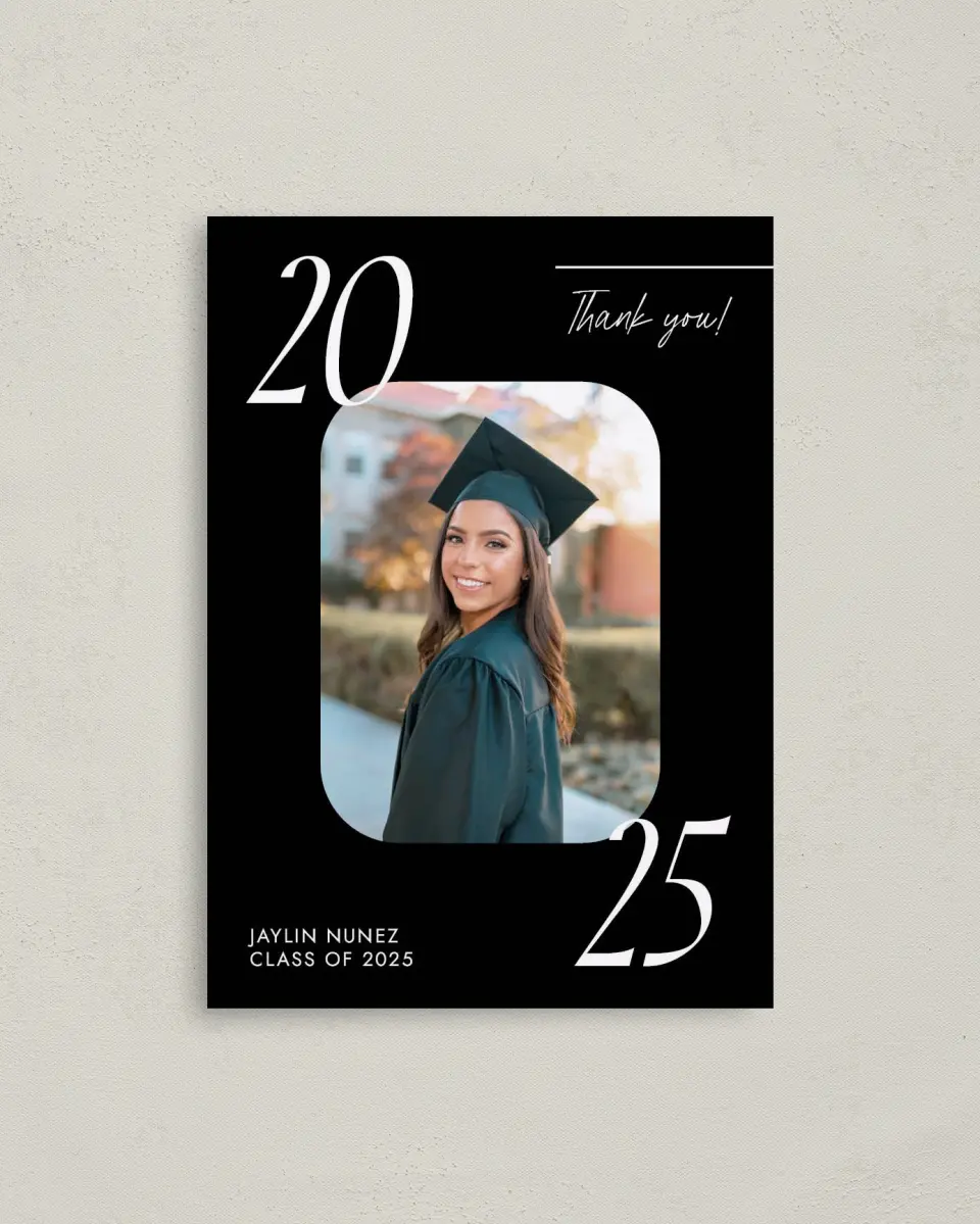 This is a 4" x 5.6" Graduation Thank You Postcard called Your Year! printed in full color on Soft Touch Finish paper