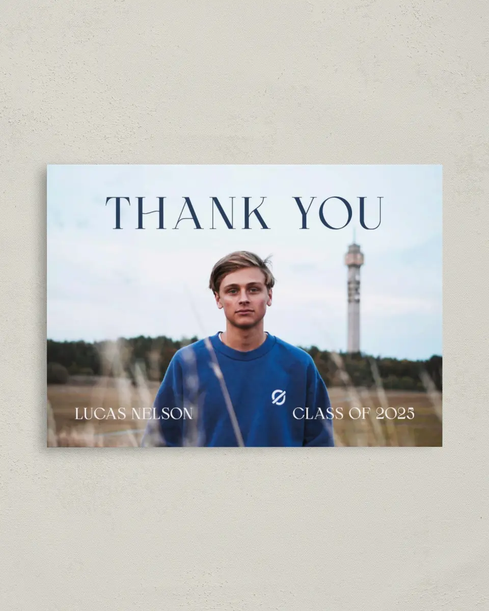 This is a 4" x 5.6" Graduation Thank You Postcard called Set Your Sights printed in full color on Soft Touch Finish paper