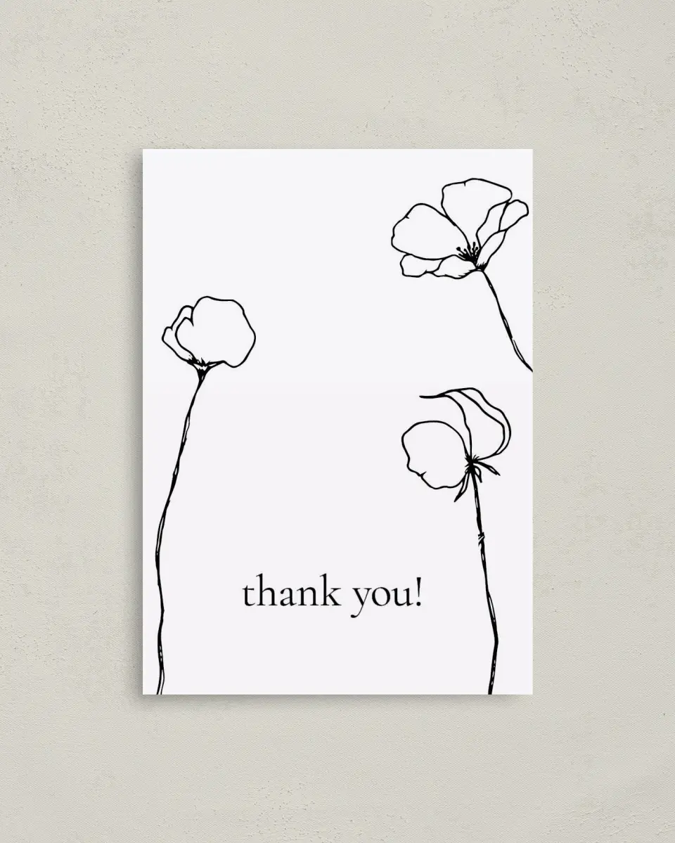 This is a 4" x 5.6" Graduation Thank You Postcard called Budding Poppies printed in full color on Soft Touch Finish paper