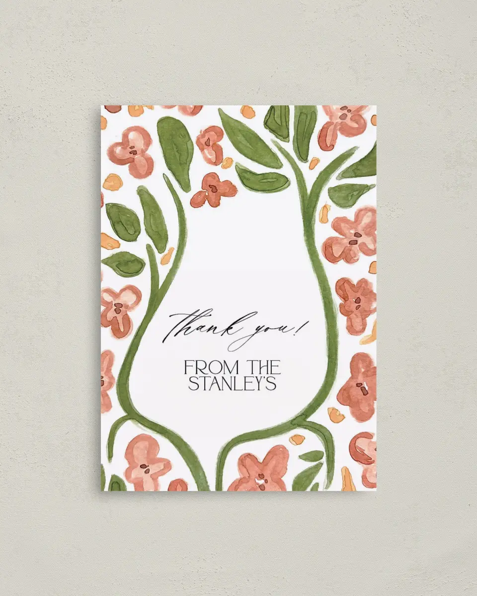 This is a 4" x 5.6" Graduation Thank You Postcard called Nursery Blooms printed in full color on Soft Touch Finish paper