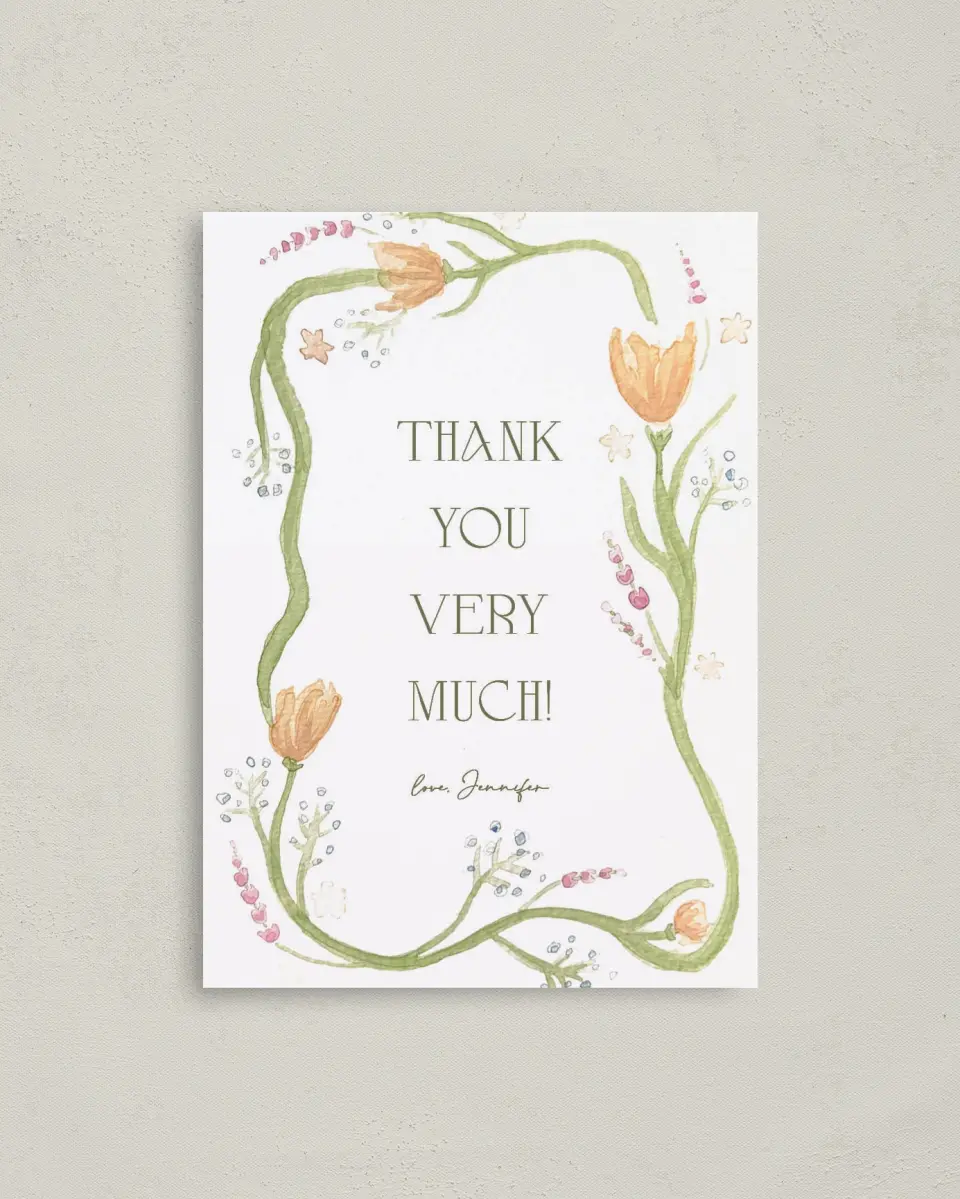 This is a 4" x 5.6" Graduation Thank You Postcard called Frilly Florals printed in full color on Soft Touch Finish paper