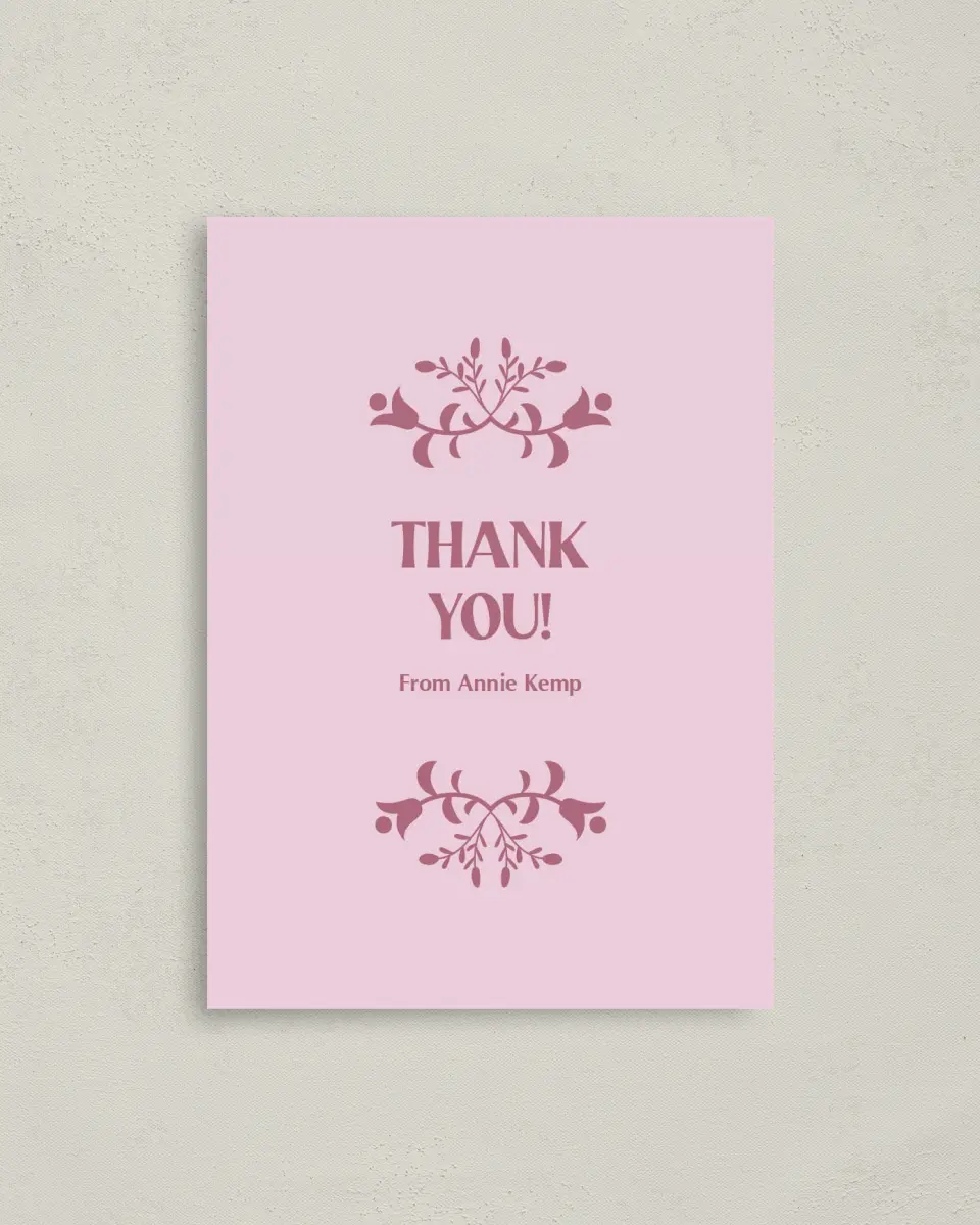 This is a 4" x 5.6" Graduation Thank You Postcard called Pink Party printed in full color on Soft Touch Finish paper