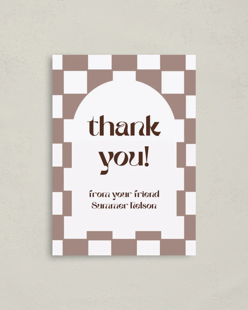 This is a 4" x 5.6" Graduation Thank You Postcard called Checkered Celebration printed in full color on Soft Touch Finish paper
