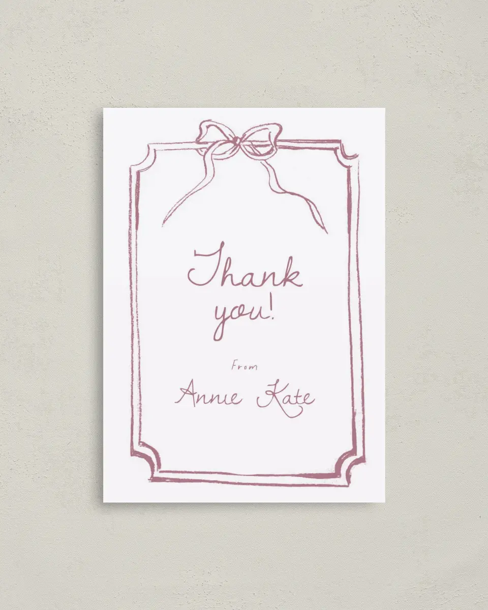 This is a 4" x 5.6" Graduation Thank You Postcard called Careful Coquette printed in full color on Soft Touch Finish paper