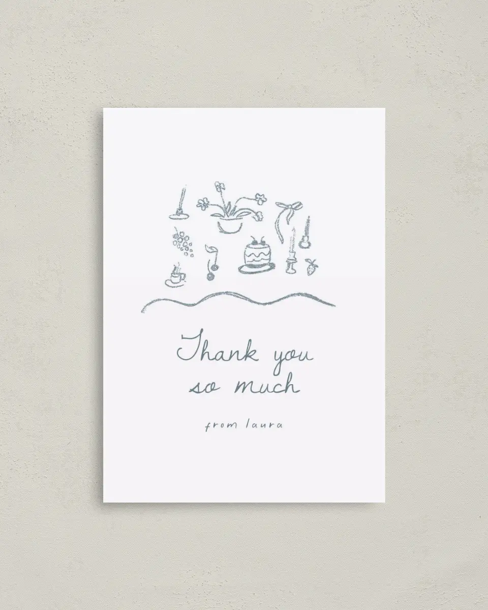 This is a 4" x 5.6" Graduation Thank You Postcard called Teeny Tiny Tea printed in full color on Soft Touch Finish paper
