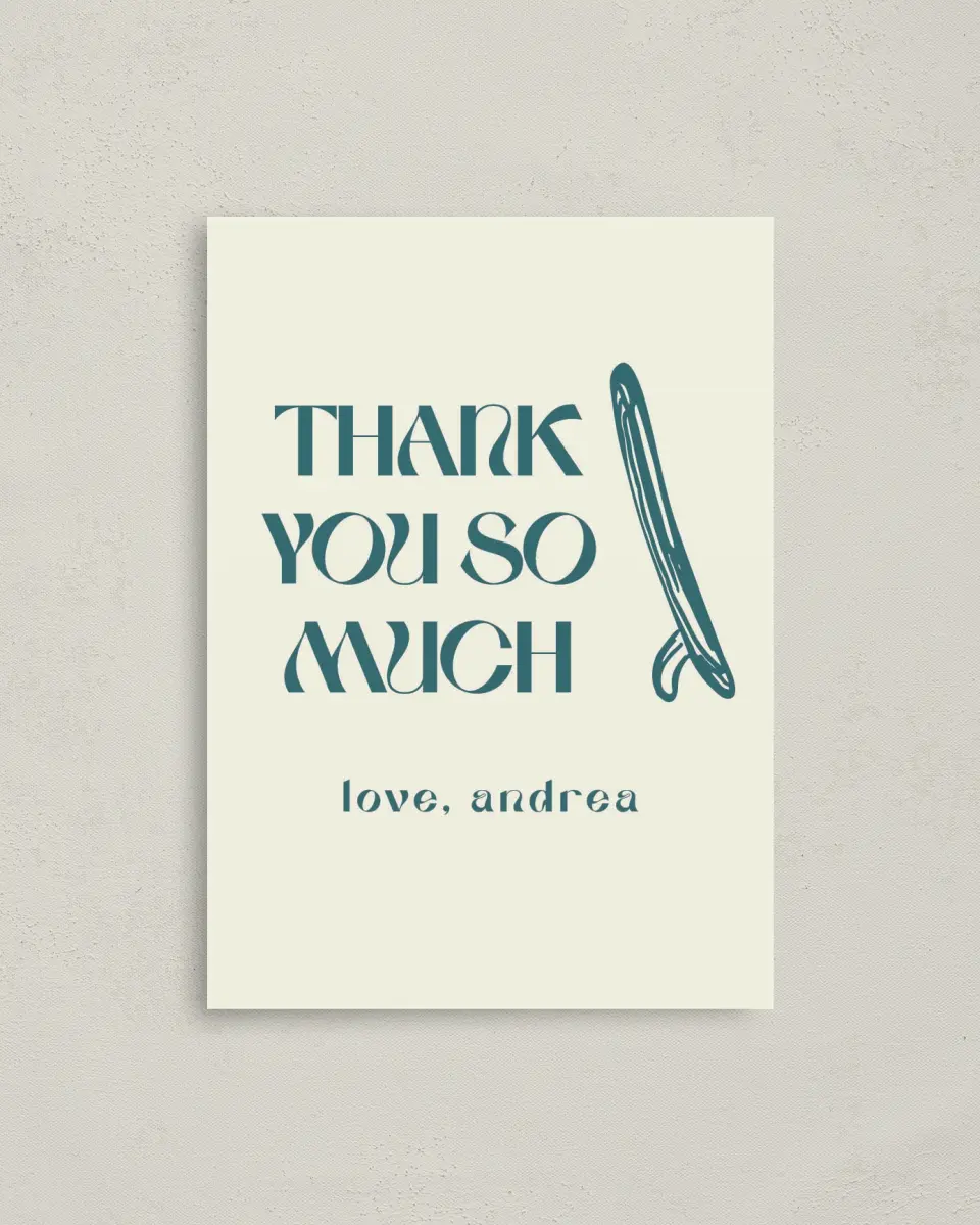 This is a 4" x 5.6" Graduation Thank You Postcard called Ready for Surf printed in full color on Soft Touch Finish paper