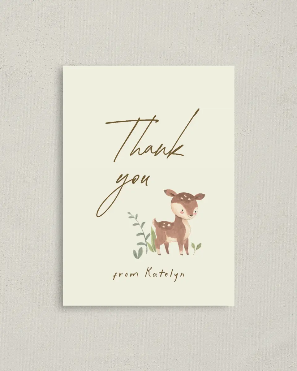 This is a 4" x 5.6" Graduation Thank You Postcard called Forest Friends printed in full color on Soft Touch Finish paper