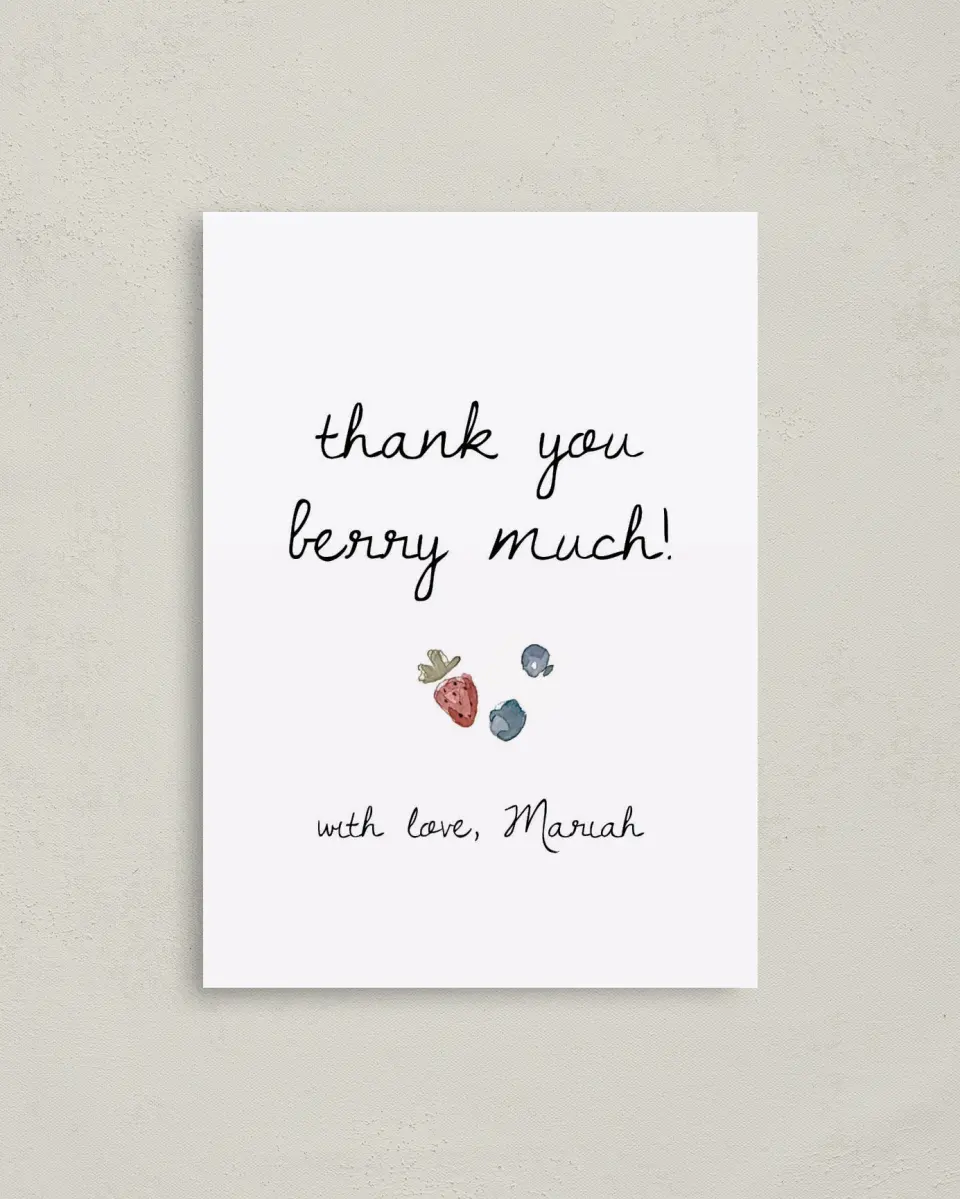 This is a 4" x 5.6" Graduation Thank You Postcard called Baby Berries printed in full color on Soft Touch Finish paper