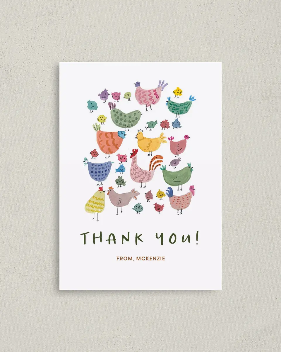 This is a 4" x 5.6" Graduation Thank You Postcard called Little Chickadee printed in full color on Soft Touch Finish paper