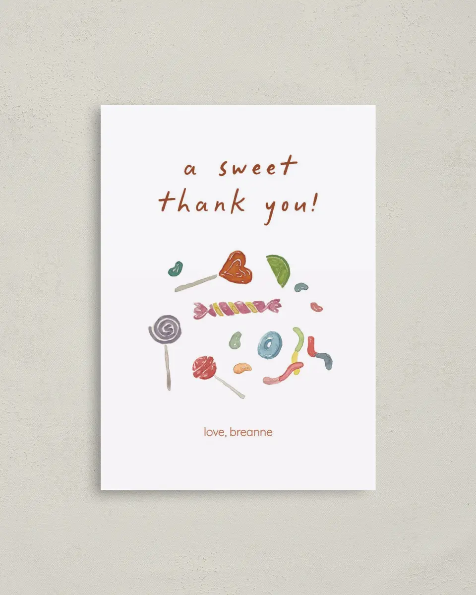 This is a 4" x 5.6" Graduation Thank You Postcard called Sweet Surprise printed in full color on Soft Touch Finish paper