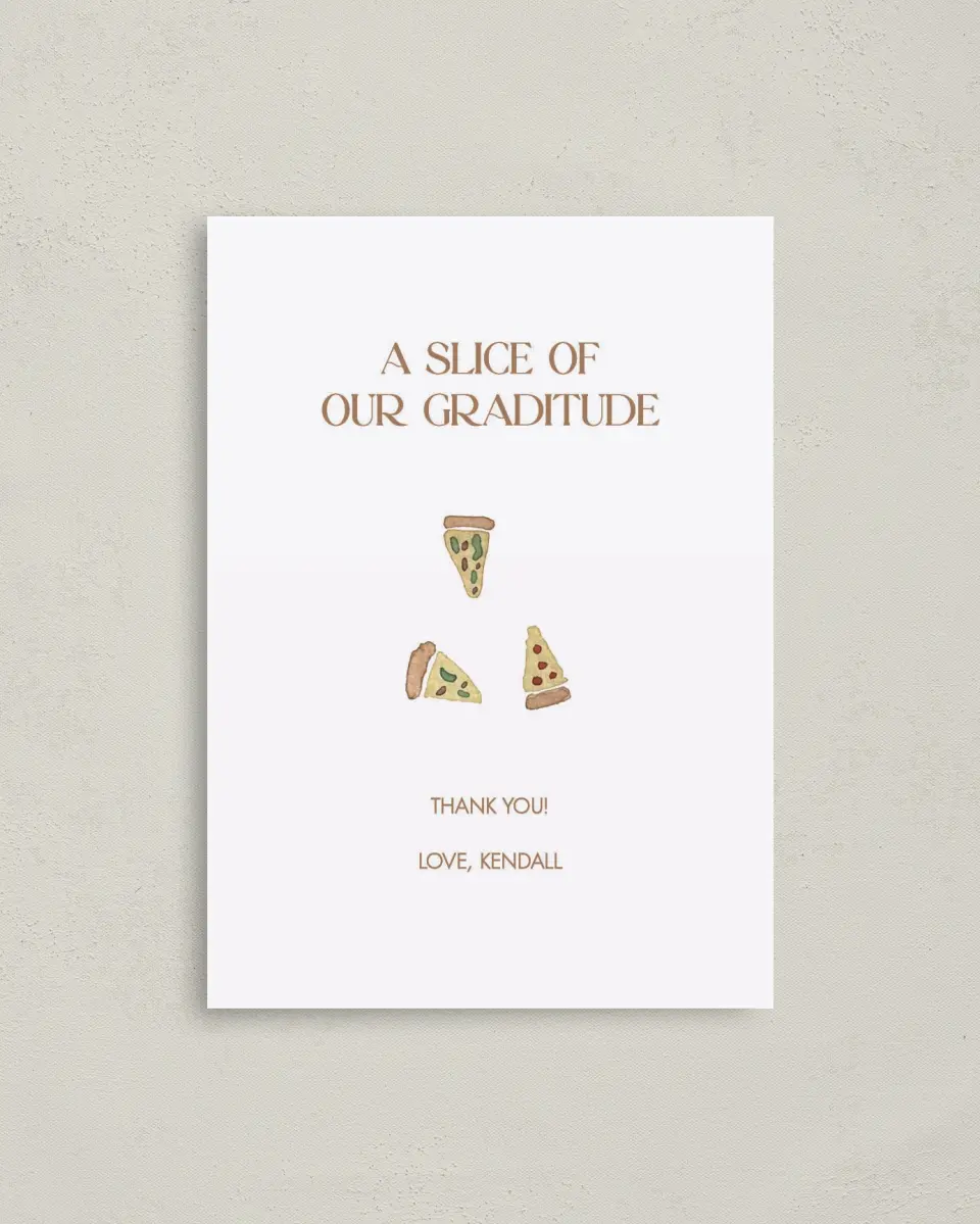 This is a 4" x 5.6" Graduation Thank You Postcard called A Piece of Us printed in full color on Soft Touch Finish paper