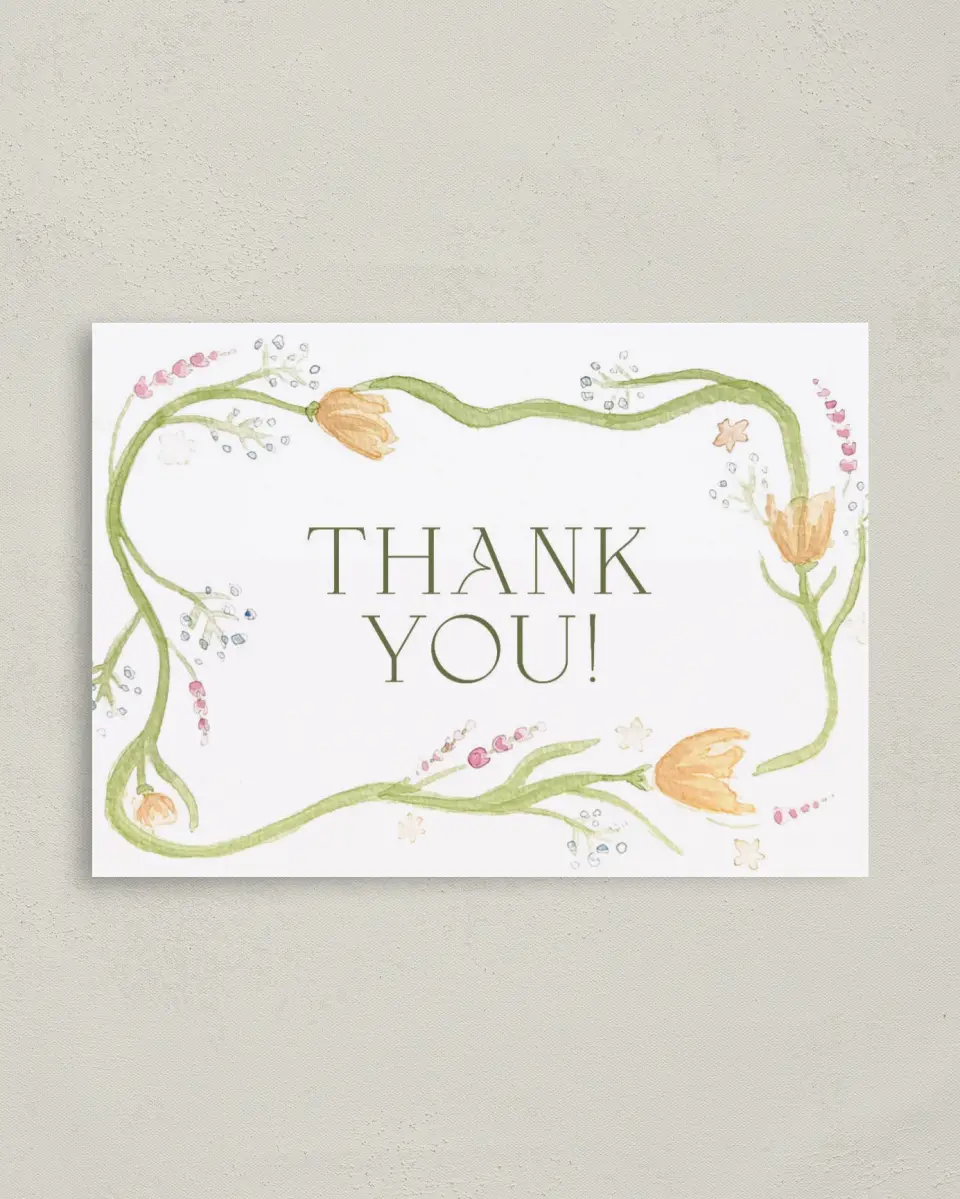 This is a 4" x 5.6" Newlywed called Garden Party printed in full color on Soft Touch Finish paper