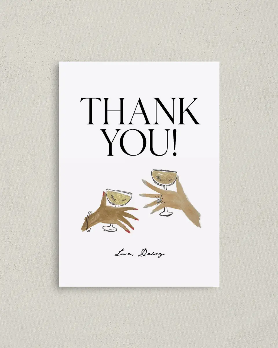 This is a 4" x 5.6" Newlywed called Cheers! printed in full color on Soft Touch Finish paper