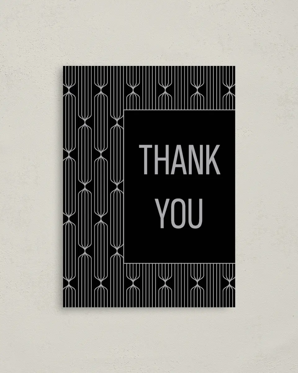 This is a 4" x 5.6" Thank You Card called Silver & Sleek printed in full color on Soft Touch Finish paper