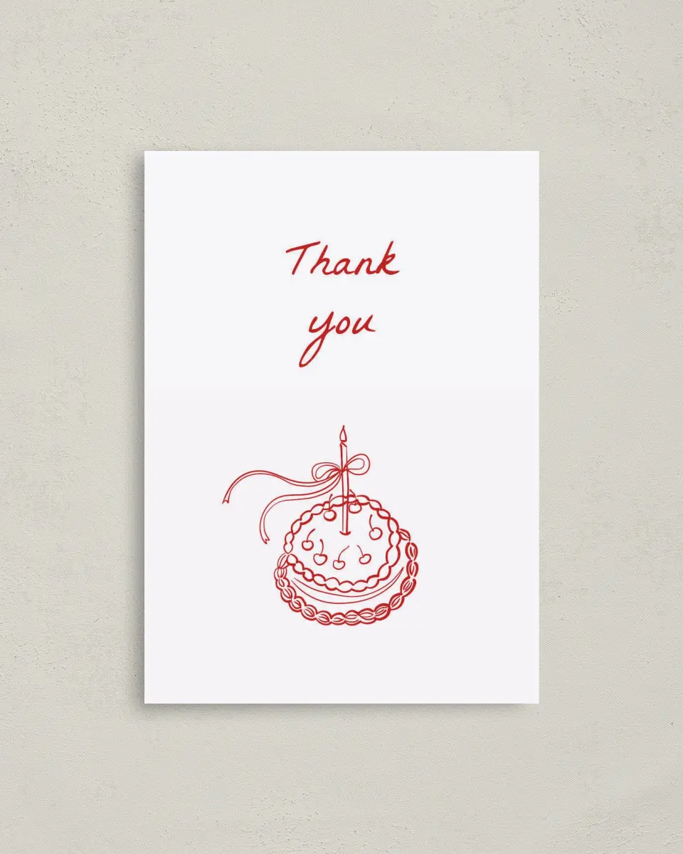 This is a 4" x 5.6" Thank You Card called Charming Cake printed in full color on Soft Touch Finish paper