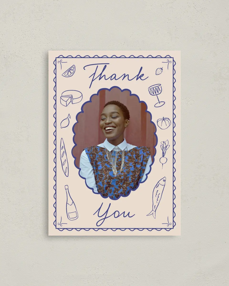 This is a 4" x 5.6" Thank You Card called Dinner Party printed in full color on Soft Touch Finish paper