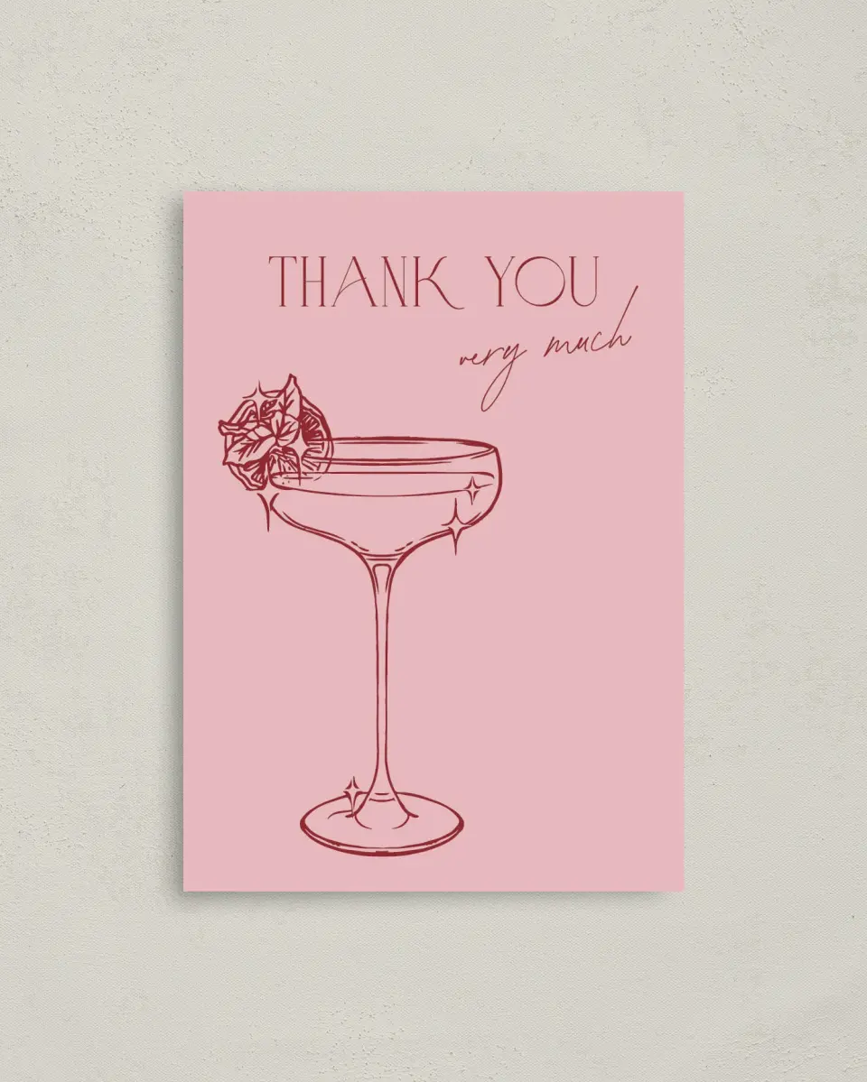 This is a 4" x 5.6" Thank You Card called Cocktail Hour printed in full color on Soft Touch Finish paper