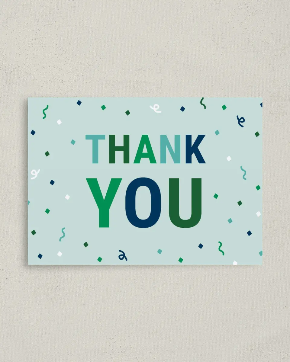 This is a 4" x 5.6" Thank You Card called Stacked Surprise printed in full color on Soft Touch Finish paper