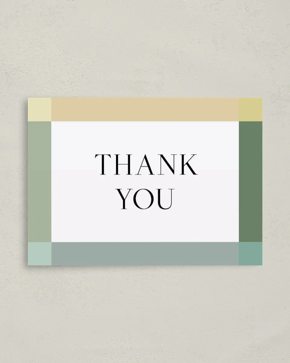This is a 4" x 5.6" Thank You Card called Colorblock Celebration printed in full color on Soft Touch Finish paper