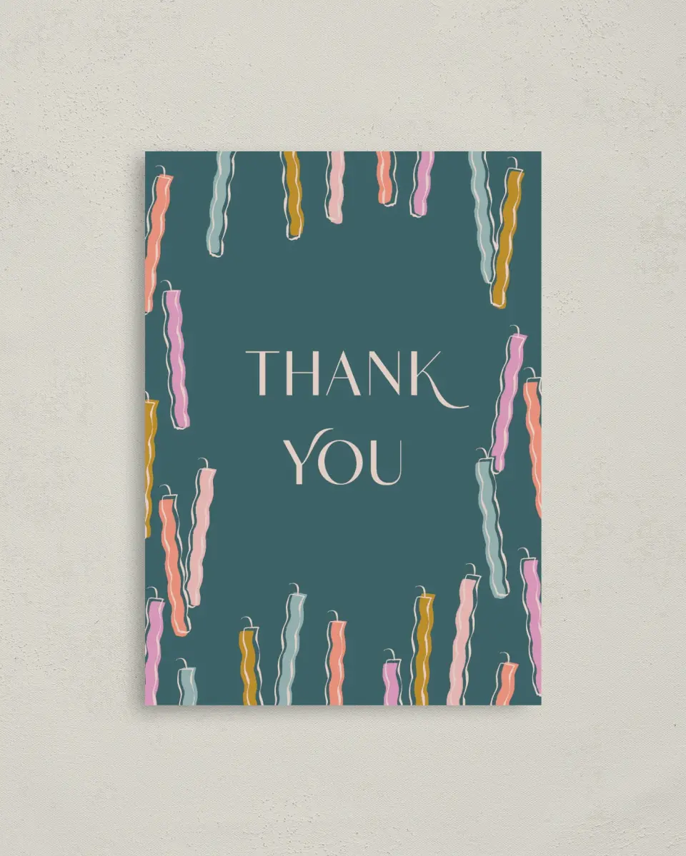 This is a 4" x 5.6" Thank You Card called Candle Craze printed in full color on Soft Touch Finish paper