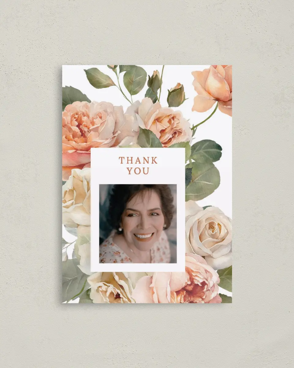 This is a 4" x 5.6" Thank You Card called Rose Garden printed in full color on Soft Touch Finish paper