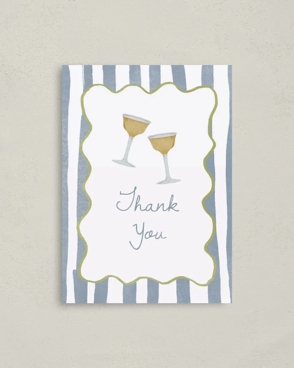 This is a 4" x 5.6" Thank You Card called Years of Cheers printed in full color on Soft Touch Finish paper