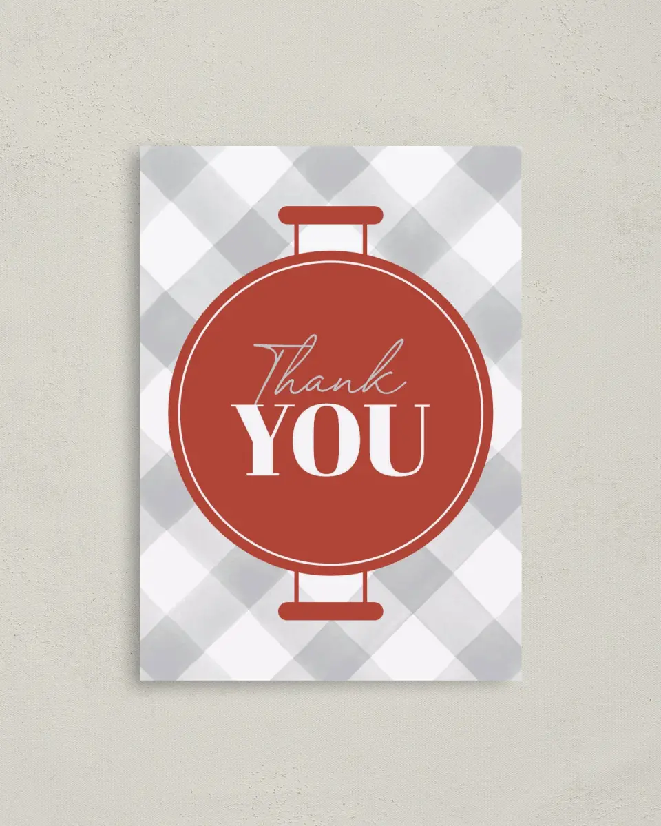 This is a 4" x 5.6" Thank You Card called BBQ Bash printed in full color on Soft Touch Finish paper