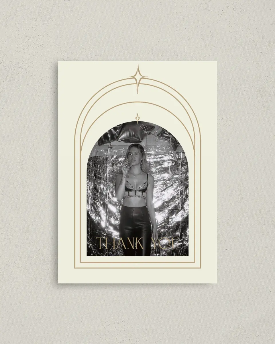 This is a 4" x 5.6" Thank You Card called Sparkling Sips printed in full color on Soft Touch Finish paper