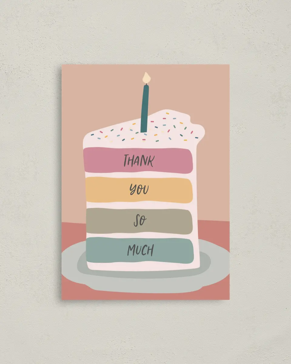This is a 4" x 5.6" Thank You Card called Confetti Cake printed in full color on Soft Touch Finish paper