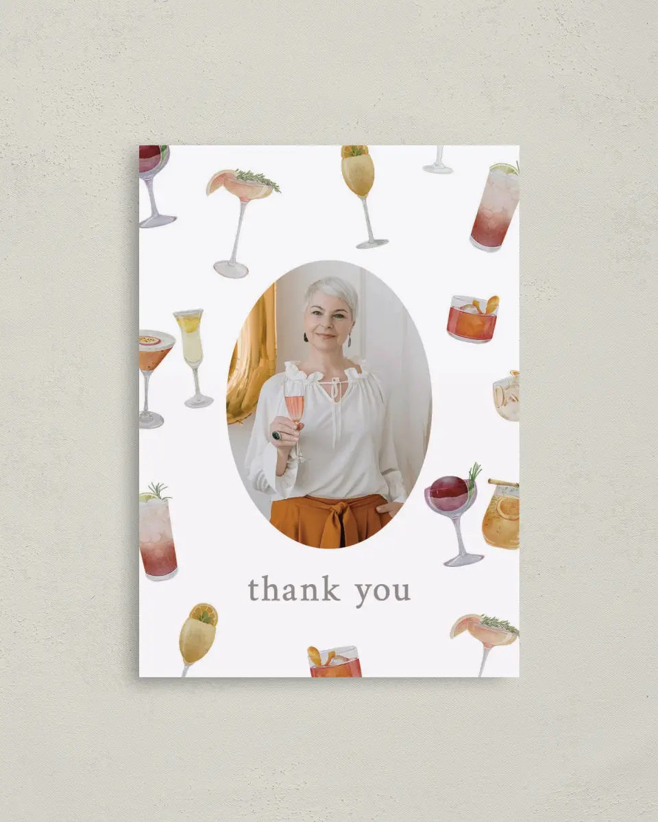 This is a 4" x 5.6" Thank You Card called Sophisticated Spirits printed in full color on Soft Touch Finish paper