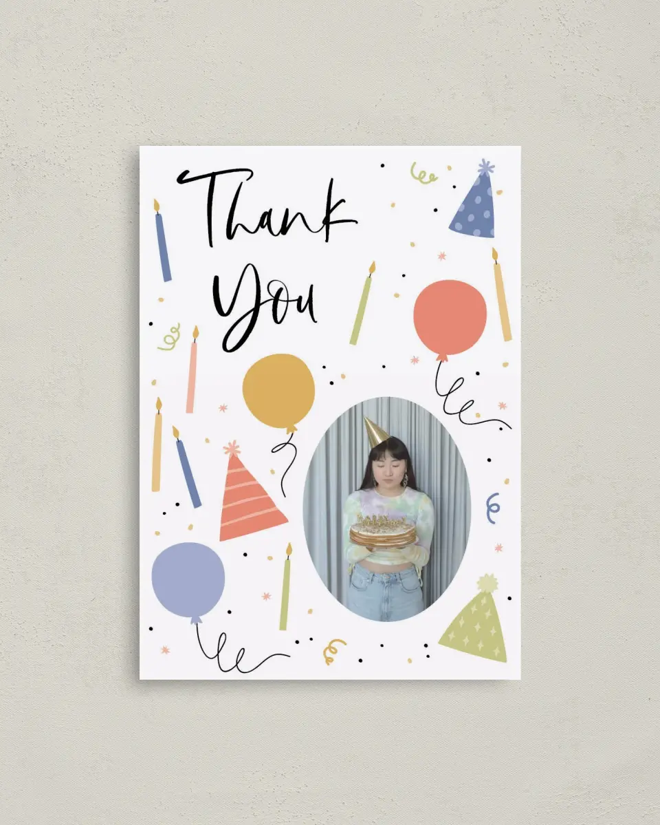 This is a 4" x 5.6" Thank You Card called Birthday Bonanza printed in full color on Soft Touch Finish paper