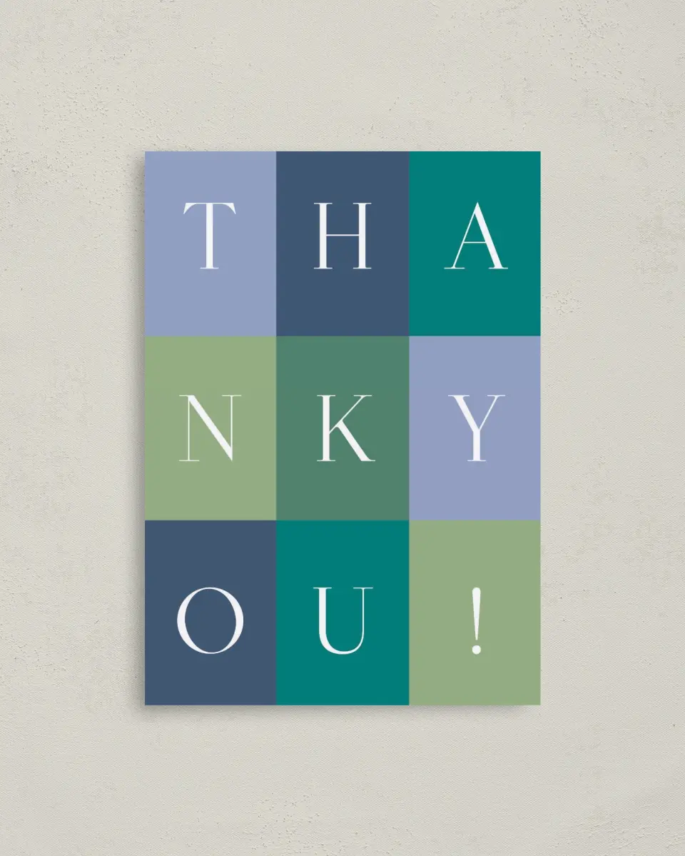 This is a 4" x 5.6" Thank You Card called Block Party printed in full color on Soft Touch Finish paper