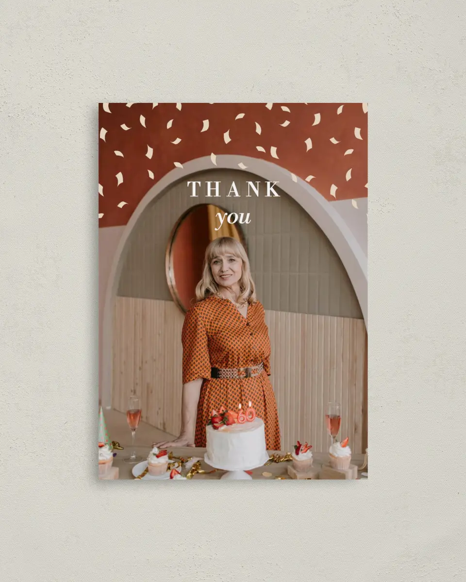This is a 4" x 5.6" Thank You Card called Cascading Confetti printed in full color on Soft Touch Finish paper