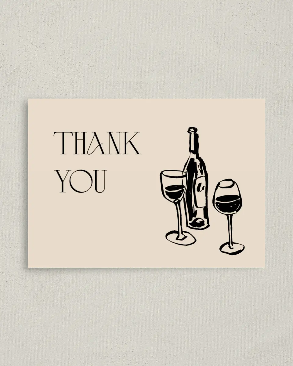 This is a 4" x 5.6" Thank You Card called Wining & Dining printed in full color on Soft Touch Finish paper