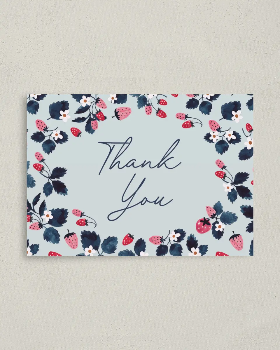 This is a 4" x 5.6" Thank You Card called Berry First printed in full color on Soft Touch Finish paper