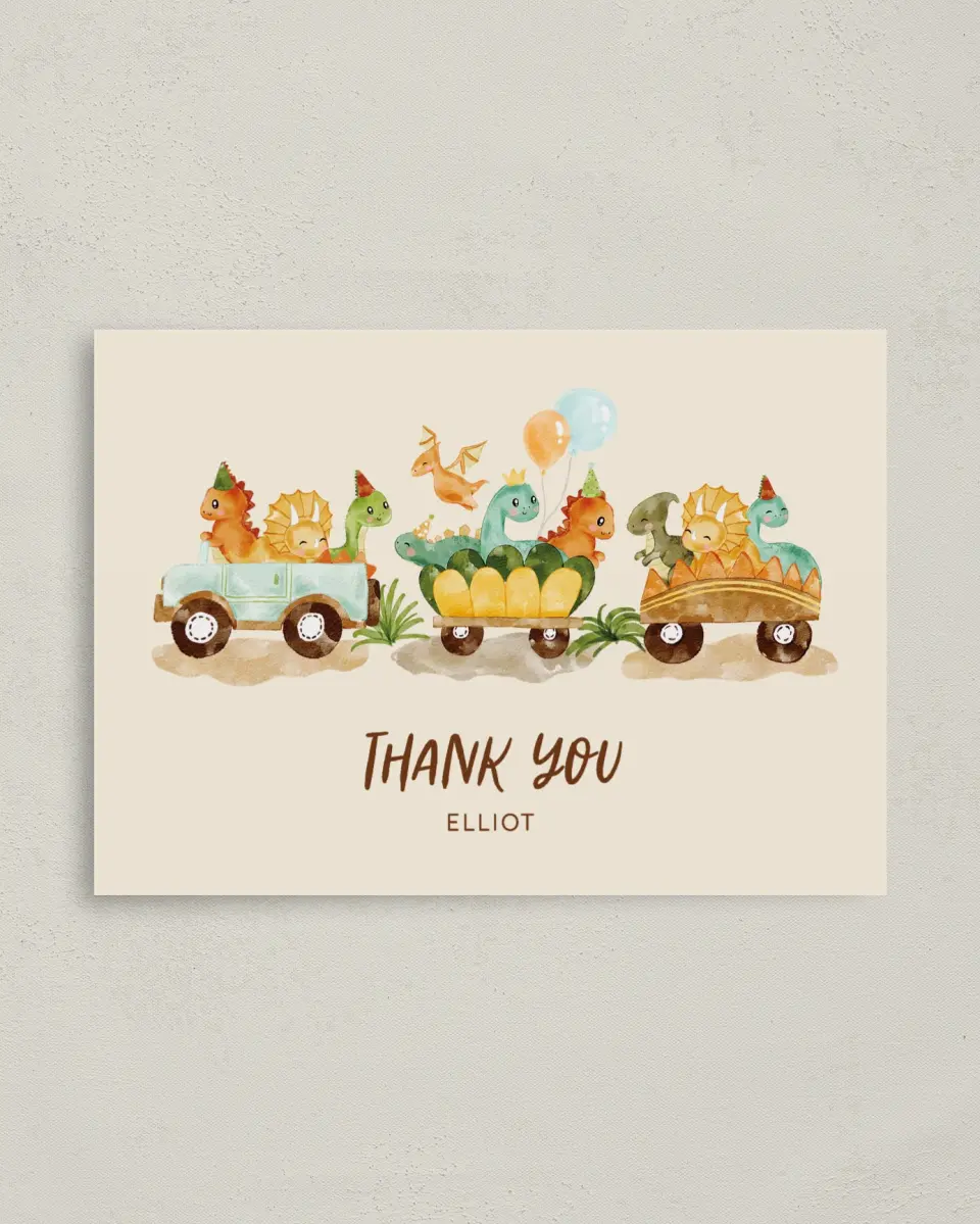 This is a 4" x 5.6" Thank You Card called Stomp Chomp Roar printed in full color on Soft Touch Finish paper
