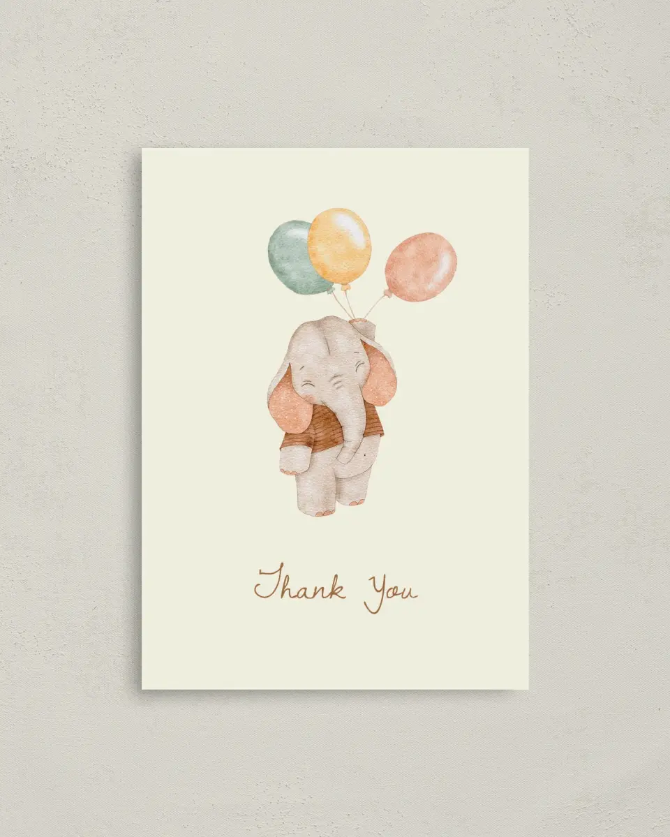 This is a 4" x 5.6" Thank You Card called Balloon Buddy printed in full color on Soft Touch Finish paper