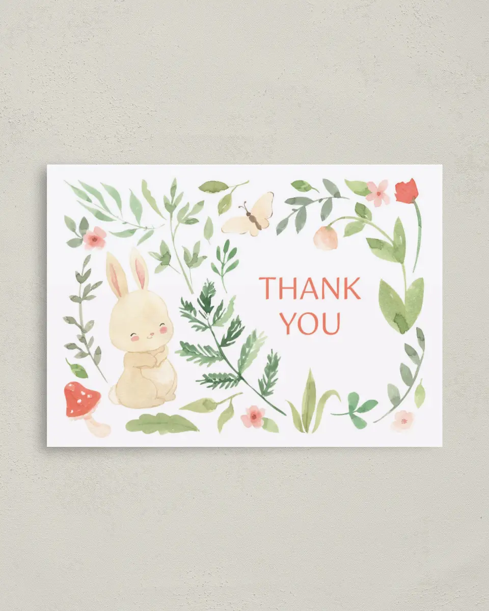 This is a 4" x 5.6" Thank You Card called Flora & Fauna printed in full color on Soft Touch Finish paper